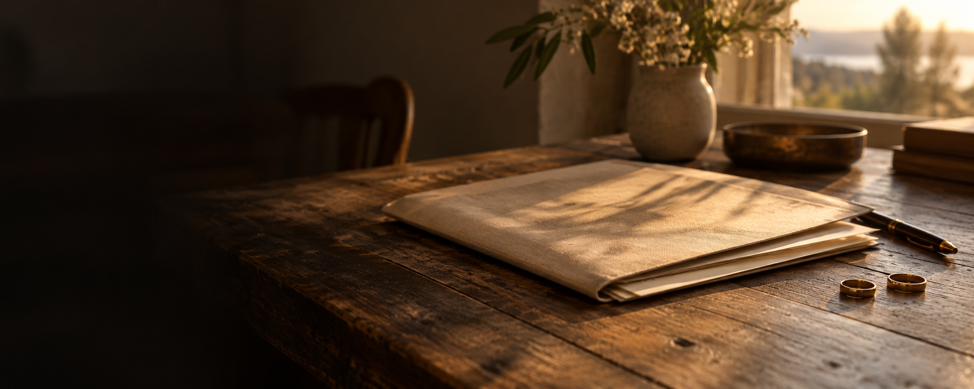 Composição ilustrativa panorâmica com pasta de documentos, caneta e duas alianças separadas sobre uma mesa de madeira iluminada pelo sol.